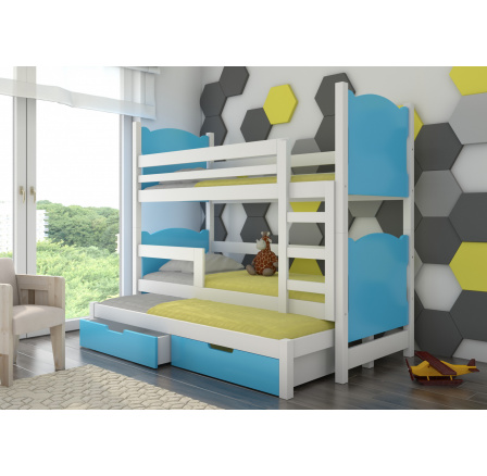 Dětská patrová postel LETICIA s výsuvem a se šuplíky, včetně matrací, Bílá/Modrá