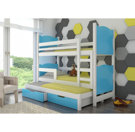 Třílůžková patrová postel s matracemi LETICIA White+Blue