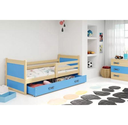 Dětská postel RICO 80x190 cm se šuplíkem, s matrací, Přírodní/Modrá