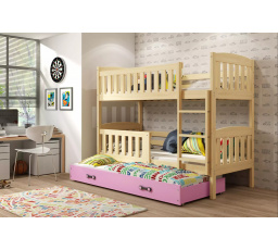 Dětská patrová postel KUBUS 3 s přistýlkou 80x190 cm, bez matrací, Přírodní/Růžová
