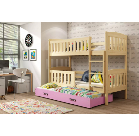 Dětská patrová postel KUBUS 3 s přistýlkou 80x190 cm, bez matrací, Přírodní/Růžová