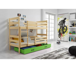 Dětská patrová postel ERYK se šuplíkem 90x200 cm, bez matrací, Přírodní/Zelená