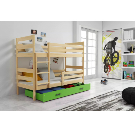 Dětská patrová postel ERYK se šuplíkem 90x200 cm, bez matrací, Přírodní/Zelená