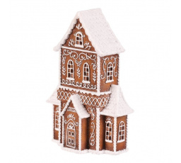 Domeček perníkový - polyresin, LED osvětl., hnědý s bílým zdobením