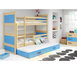 Dětská patrová postel RICO 3 s přistýlkou 80x190 cm, včetně matrací, Přírodní/Modrá