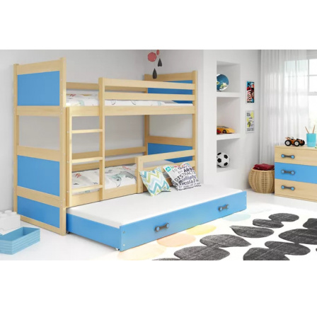 Dětská patrová postel RICO 3 s přistýlkou 80x190 cm, včetně matrací, Přírodní/Modrá