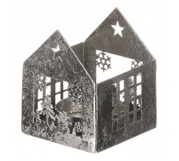 Svícen kovový - tvar domečku, menší, stříbrný