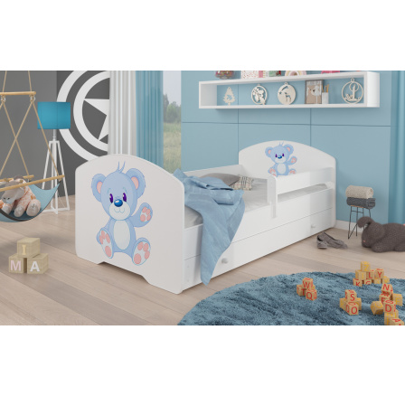 Postel dětská PEPE BLUE BEAR 140x70 Bílá s matrací, zábranou a zásuvkou