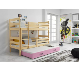 Dětská patrová postel ERYK 3 s přistýlkou 80x160 cm, bez matrací, Přírodní/Růžová