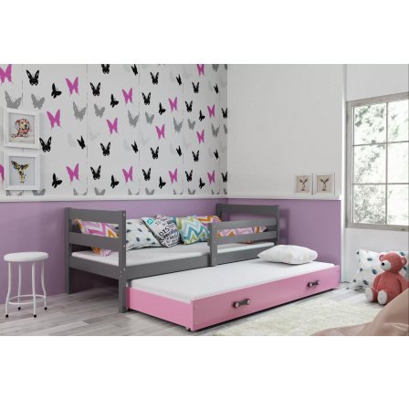 Dětská postel ERYK s přistýlkou 90x200 cm, bez matrací, Grafit/Růžová