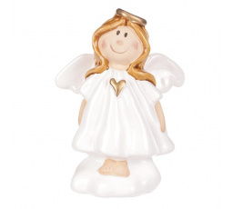 Anděl - keramická figurka, zlaté srdce a bílé šaty