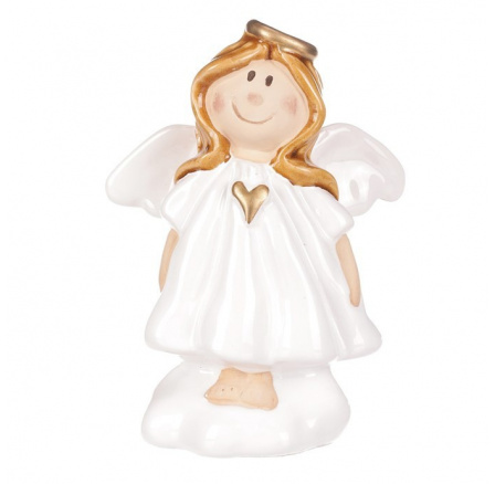 Anděl - keramická figurka, zlaté srdce a bílé šaty