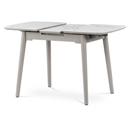 Jídelní stůl 110+30x75 cm, keramická deska bílý mramo, šedý vysoký lesk