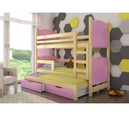 Dětská patrová postel LETICIA s výsuvem a se šuplíky, včetně matrací, Přírodní/Růžová