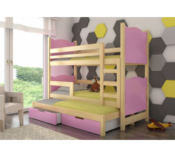 Třílůžková patrová postel s matracemi LETICIA Pine+Pink