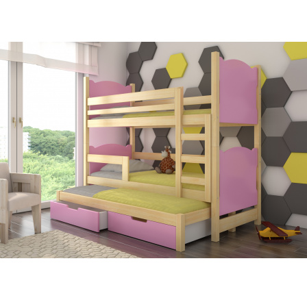 Třílůžková patrová postel s matracemi LETICIA Pine+Pink