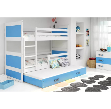 Dětská patrová postel RICO 3 s přistýlkou 90x200 cm, včetně matrací, Bílá/Modrá