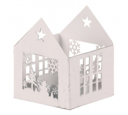 Svícen kovový - tvar domečku, menší, bílý