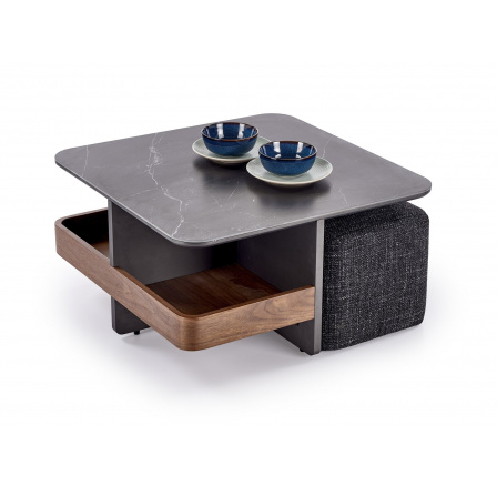VICKER stolek s pufy, deska: černý mramor, rám: černý / ořech, puf: tmavý popel (2p=1ks)