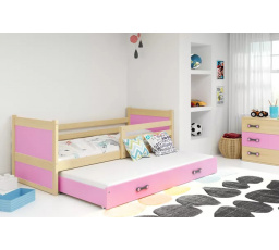 Dětská postel RICO s přistýlkou 90x200 cm, s matracemi, Přírodní/Růžová