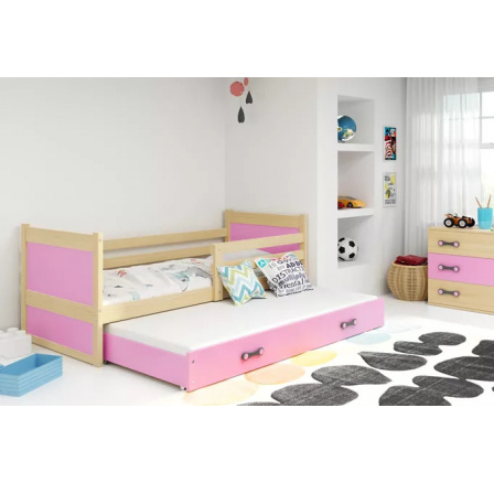 Dětská postel RICO s přistýlkou 90x200 cm, s matracemi, Přírodní/Růžová