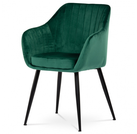 Jídelní židle, potah zelená sametová látka, kovové nohy, černý matný lak