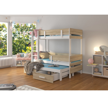 Třílůžková patrová postel s matracemi ETAPO 180x80 Bílá+Sonoma