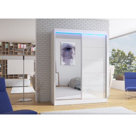 Šatní skříň MORENO 150,  Bílá/Bílý LACOBEL + LED osvětlení