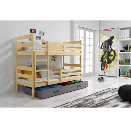Dětská patrová postel ERYK se šuplíkem 90x200 cm, bez matrací, Přírodní/Grafit