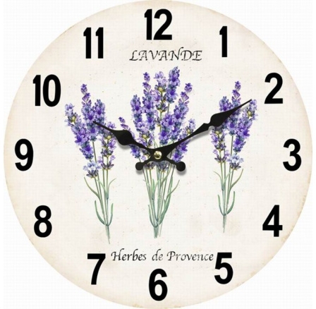 Hodiny nástěnné - 34 cm, MDF, bílé s levandulemi