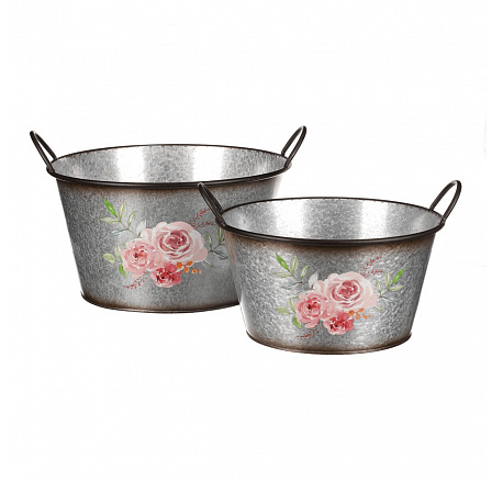 Kovový obal na květiny, sada 2ks. Design s růžemi. Kovový obal na květiny, sada 2ks. Design s růžemi.