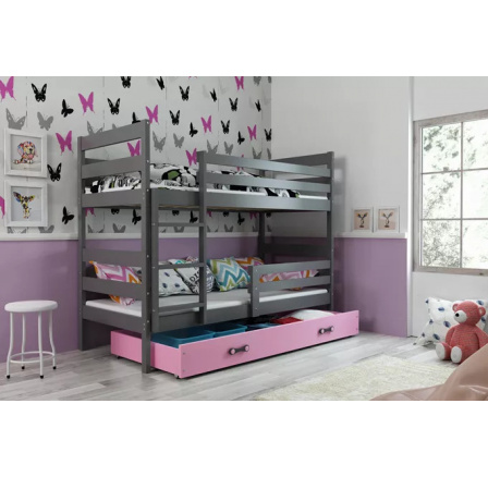 Dětská patrová postel ERYK se šuplíkem 90x200 cm, včetně matrací, Grafit/Růžová