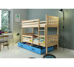 Dětská patrová postel CARINO se šuplíkem 80x190 cm, včetně matrací, Přírodní/Modrá