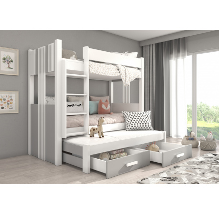 Patrová postel 3 místná ARTEMA 180x80 Bílá+Šedá s matracemi
