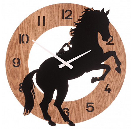 Hodiny nástěnné - pr. 40 cm, MDF a kov, motiv koně na zadních Hodiny nástěnné - pr. 40 cm, MDF a kov, motiv koně na zadních