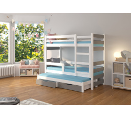 Dětská patrová postel KARLO s výsuvem a se šuplíky, včetně matrací, Bílá/Šedá