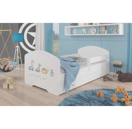 Postel dětská PEPE DINOSAURS 140x70 Bílá s matrací, zábranou a zásuvkou