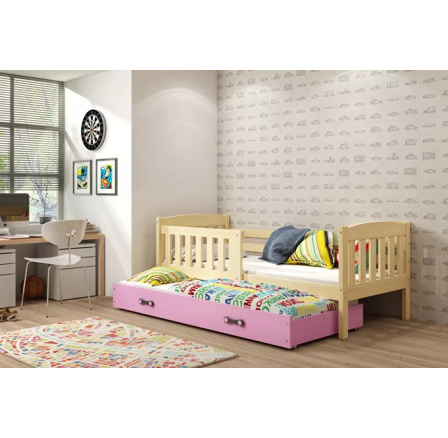 Dětská postel KUBUS s přistýlkou 90x200 cm, s matracemi, Přírodní/Růžová