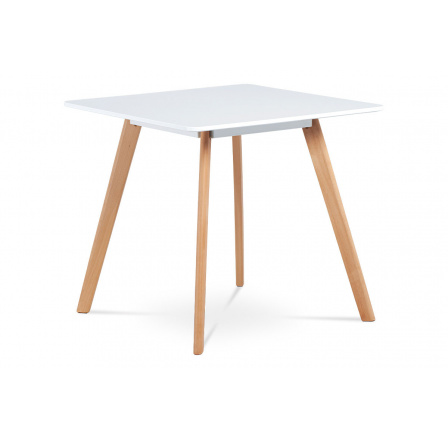 Jídelní stůl 80x80 cm, MDF, bílý matný lak, masiv buk, přírodní odstín