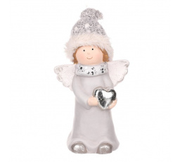 Anděl se stříbrným srdcem - keramická figurka, barva šedá