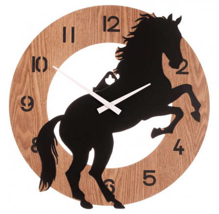 Hodiny nástěnné - pr. 40 cm, MDF a kov, motiv koně na zadních