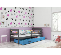 Dětská postel ERYK 90x200 cm se šuplíkem, s matrací, Grafit/Modrá
