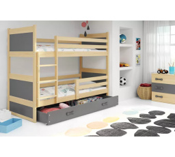 Dětská patrová postel RICO se šuplíkem 80x190 cm, včetně matrací, Přírodní/Grafit