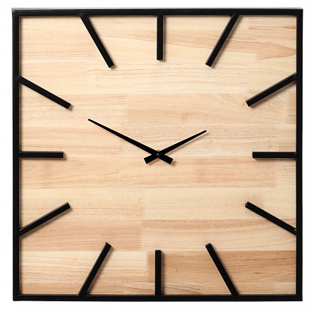 Hodiny nástěnné - čtvercové, z kovu a kaučukovníkového dřeva Hodiny nástěnné - čtvercové, z kovu a kaučukovníkového dřeva