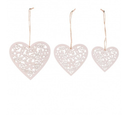 Srdce závěsné - dřevěné, bílé, mix 3 vel., cena za balení (3 ks)