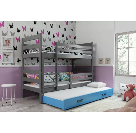 Dětská patrová postel ERYK 3 s přistýlkou 90x200 cm, včetně matrací, Grafit/Modrá