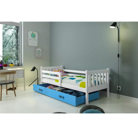 Dětská postel CARINO 90x200 cm se šuplíkem, bez matrace, Bílá/Modrá
