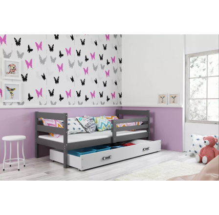 Dětská postel ERYK 90x200 cm se šuplíkem, s matrací, Grafit/Bílá
