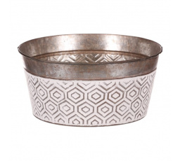 Obal kovový - kulatý, nízký, s ornamenty, bílo-měděný