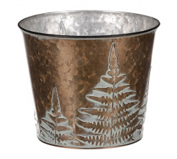 Obal z kovu na květiny, v  měděné barvě s kapradím.